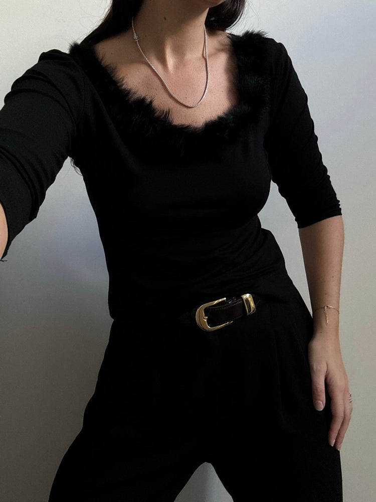 Vintage Black Fur Trim Top Size Small