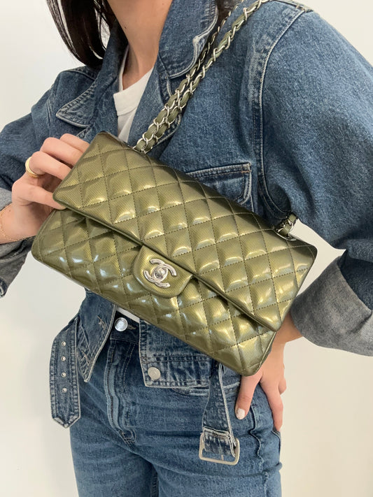 Vintage Chanel Green Patent Medium Classic Double Flap Bag