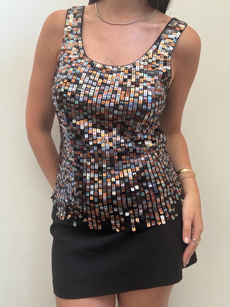 Vintage Black Sequin Knit Tank Top Size Small