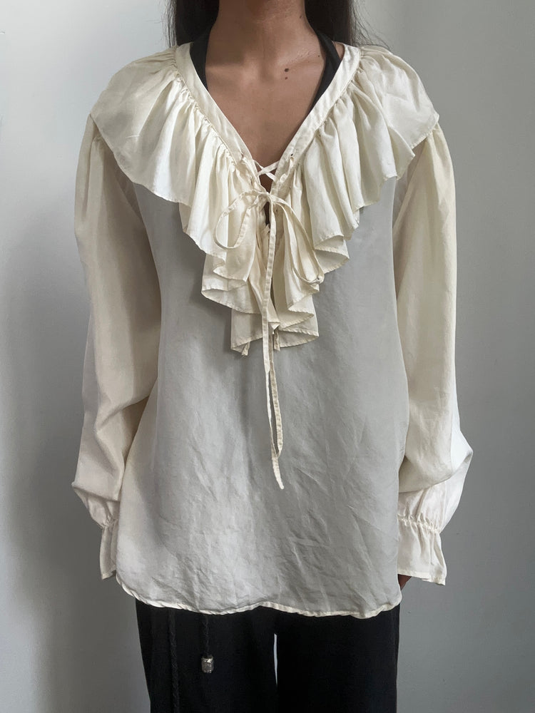 Vintage Cream Ruffle-Front Blouse Size Small