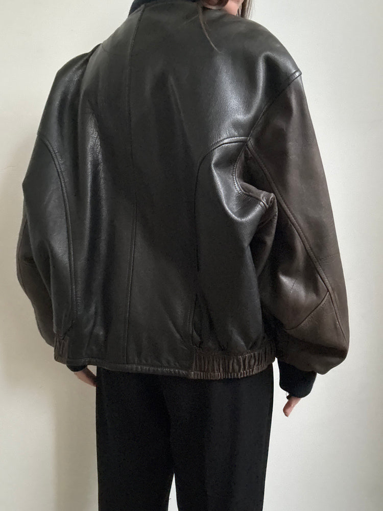 Vintage Chocolate Brown + Black Leather Bomber Size Medium/Large