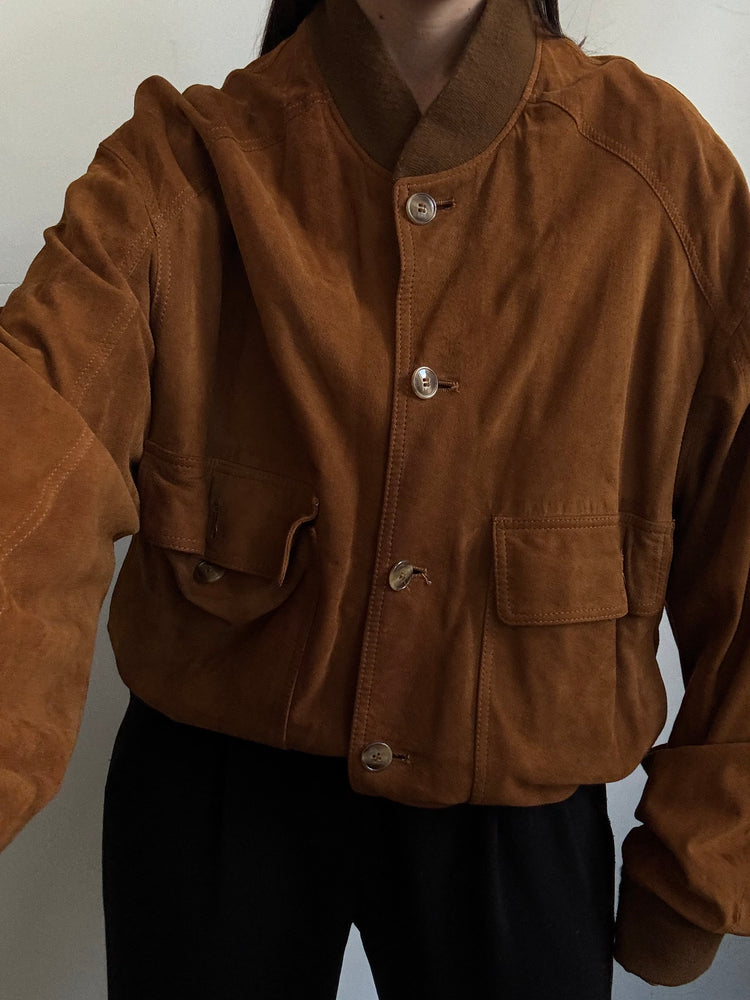 Vintage Dark Caramel Brown Suede Button Up Jacket Size Medium
