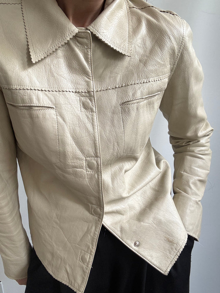 Vintage Beige Fitted Leather Jacket Size Medium