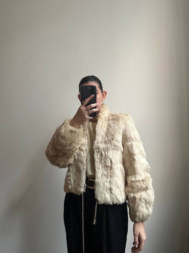 Vintage Rabbit Fur Cream Zip-Up Jacket Size Small