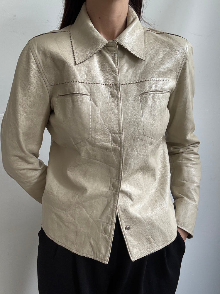 Vintage Beige Fitted Leather Jacket Size Medium