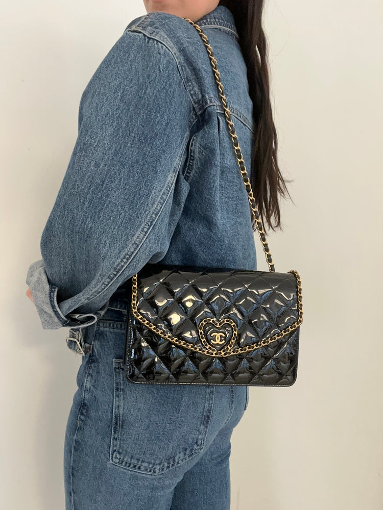 Pre-Loved Chanel Black Quilted Patent Chain Heart Flap Bag