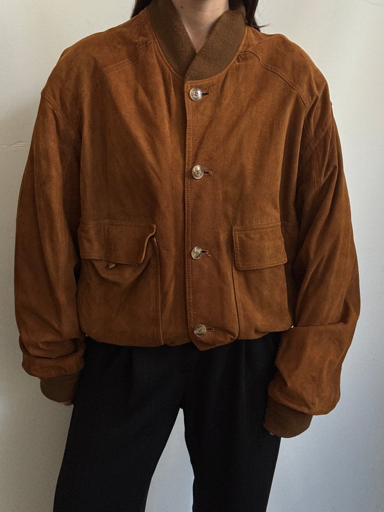 Vintage Dark Caramel Brown Suede Button Up Jacket Size Medium