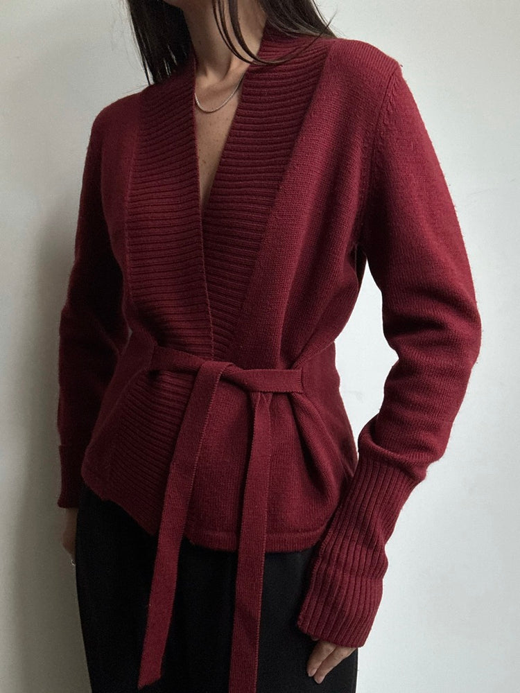 Vintage Maroon Merino Wool Wrap Cardigan Size Medium