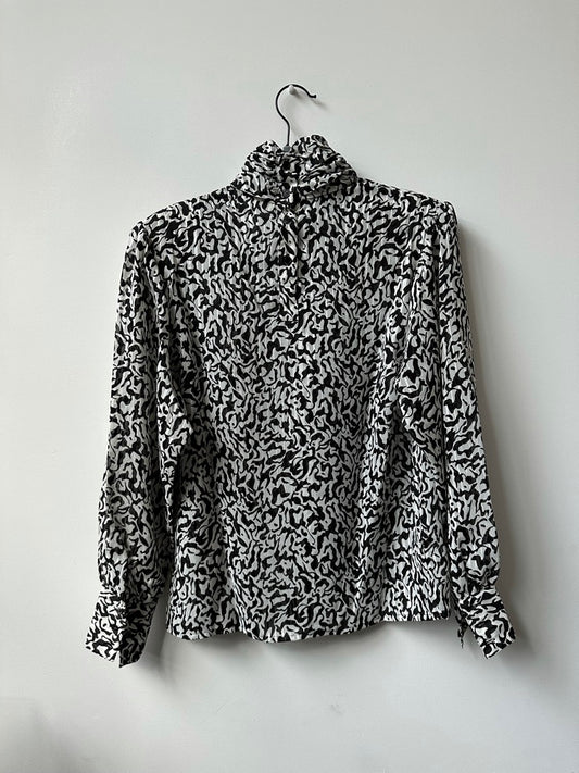 Vintage Black + White Abstract Print Semi-Sheer Blouse Size Small