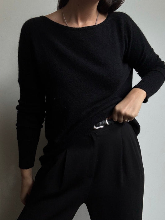 Vintage Classic Black Wool & Cashmere Boatneck Sweater Size Small