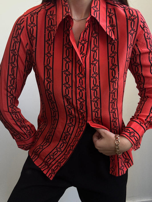 Vintage Celine Silk Red and Black Printed Button Up Size S