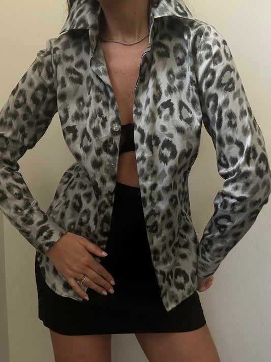 Vintage Cheetah Silver Buttoned Blouse Size Small