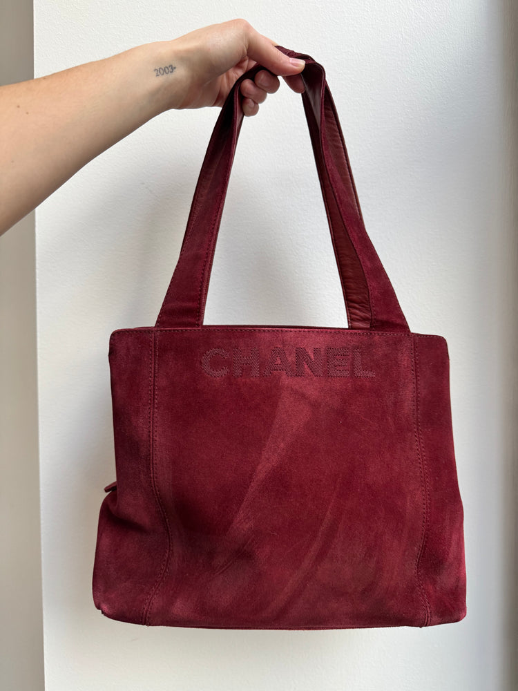 Vintage Chanel Suede Red Shoulder Tote