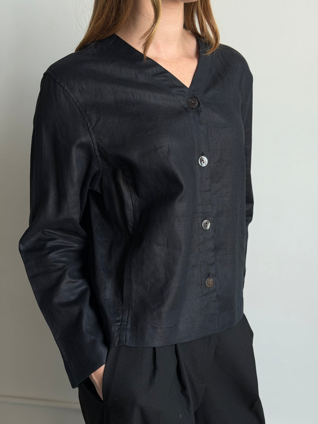 Vintage Black Linen Buttoned Top Size Large