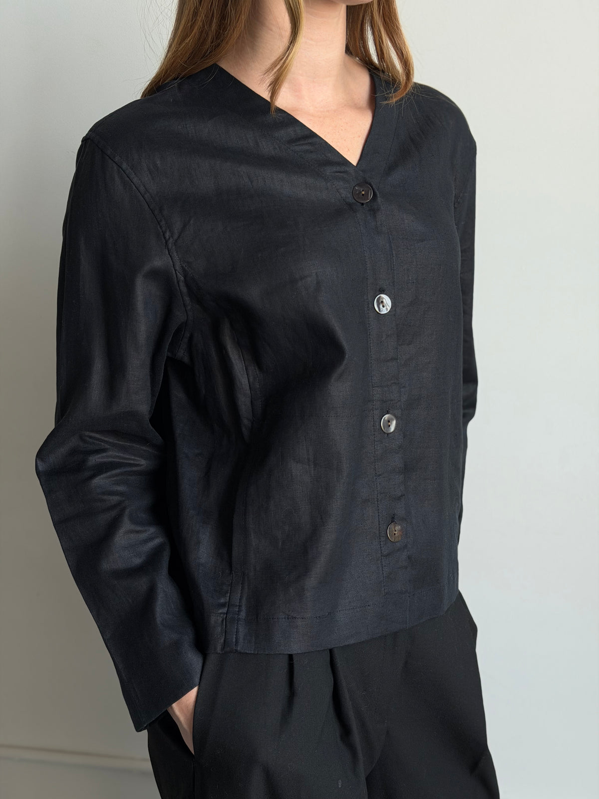 Vintage Black Linen Buttoned Top Size Large
