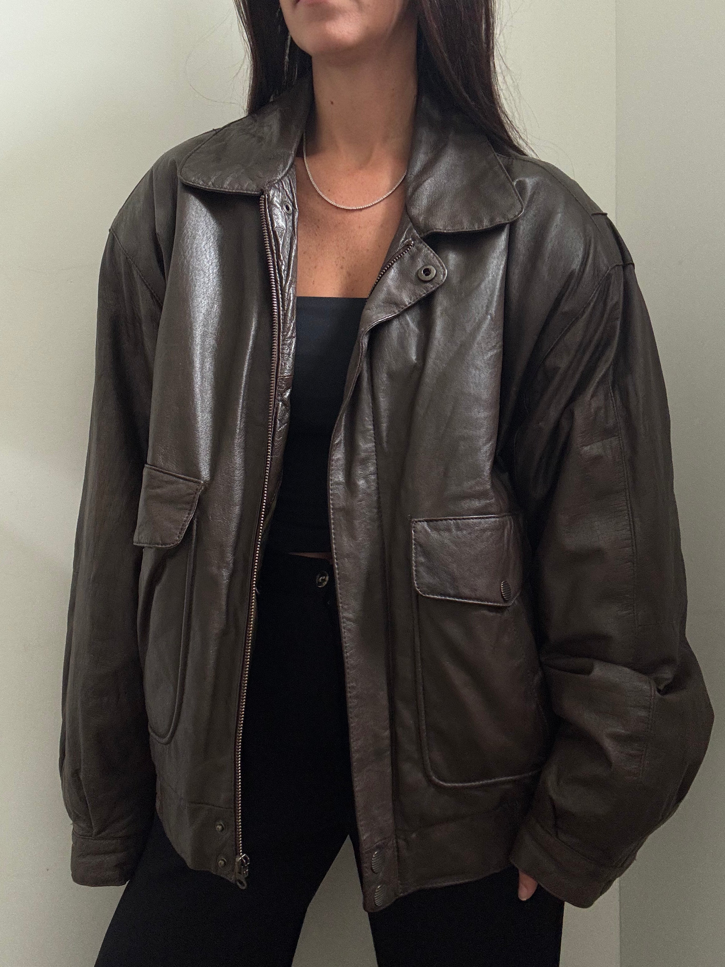 Vintage Brown Faux Leather Bomber Jacket Size Large