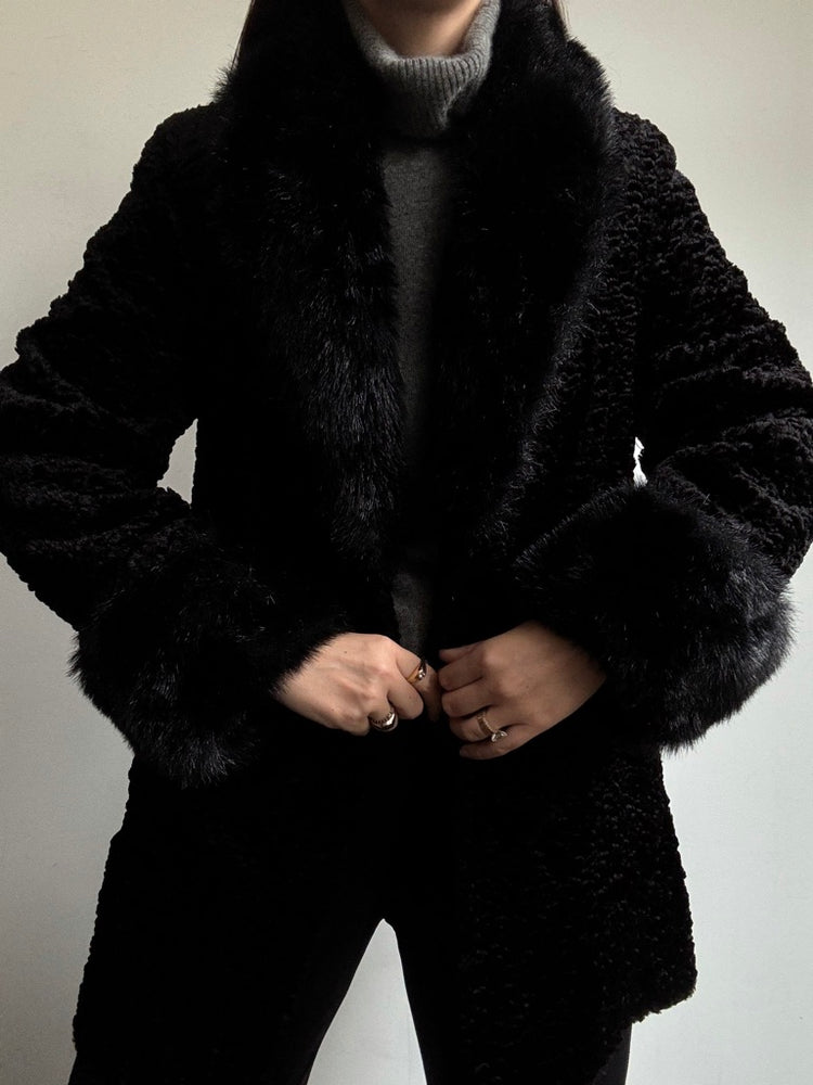 Vintage Black Faux Fur Trim Coat Size Small