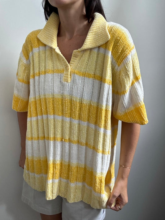 Vintage Chenille Yellow + White Striped Polo Size XL