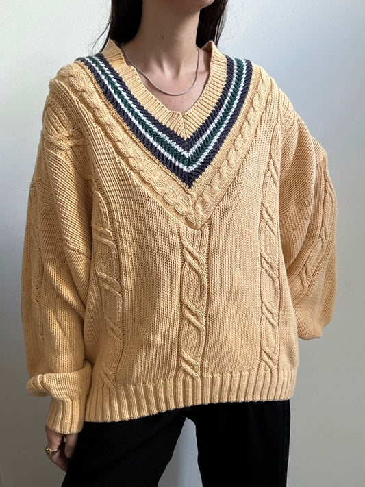 Vintage Yellow Cable Knit Varsity Sweater Size Medium