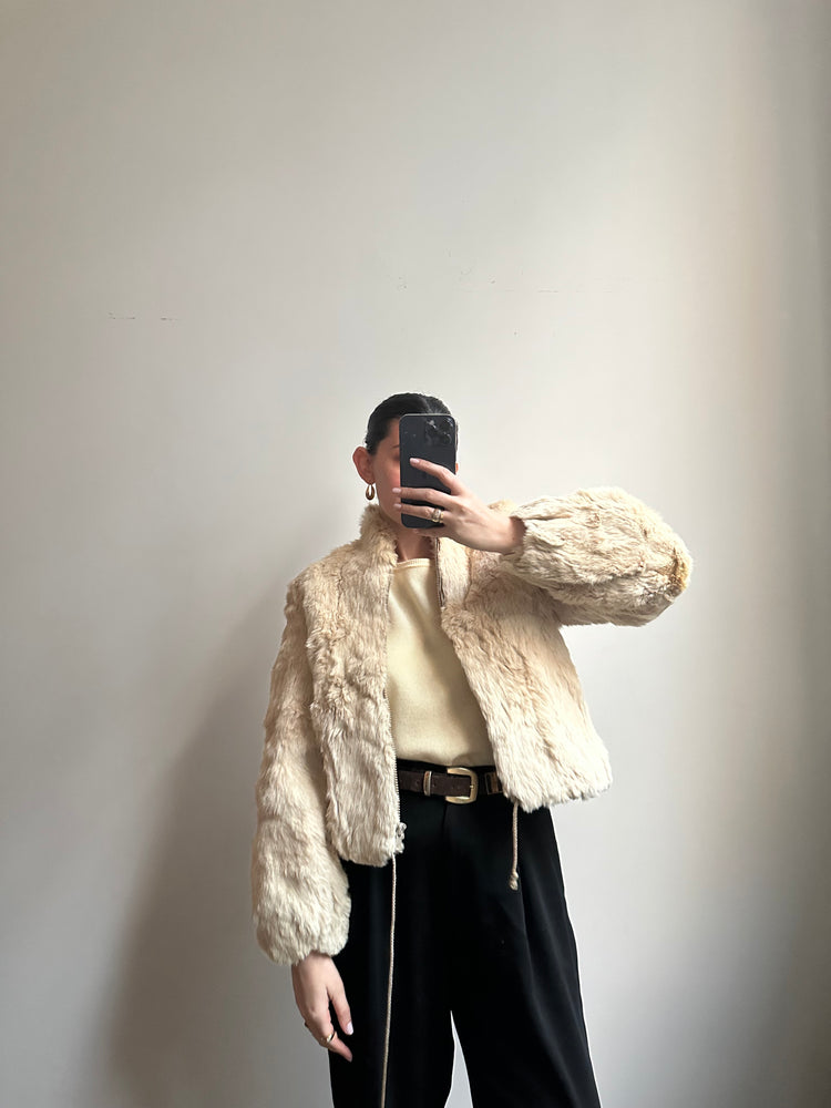 Vintage Rabbit Fur Cream Zip-Up Jacket Size Small