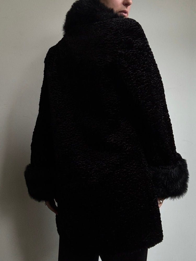 Vintage Black Faux Fur Trim Coat Size Small