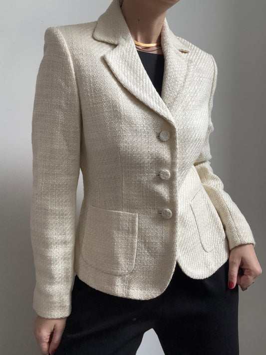 Vintage Ivory Wool Blended Fitted Blazer Size Small
