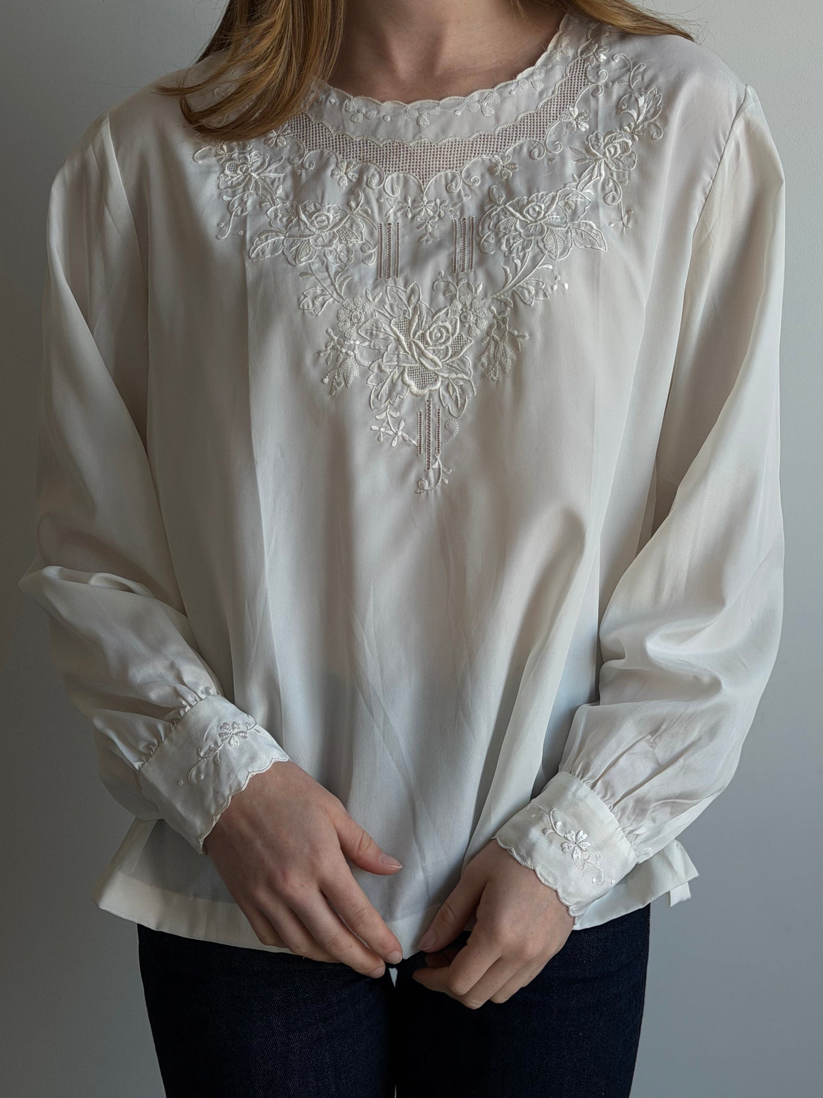 Vintage Ivory Hand-Embroidered Satin Blouse Size Large