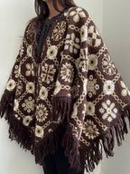 Vintage Brown Knit Reversable Fringe Poncho Size Large
