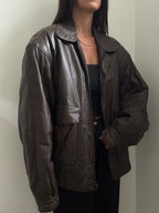 Vintage Brown Faux Leather Bomber Jacket Size Large