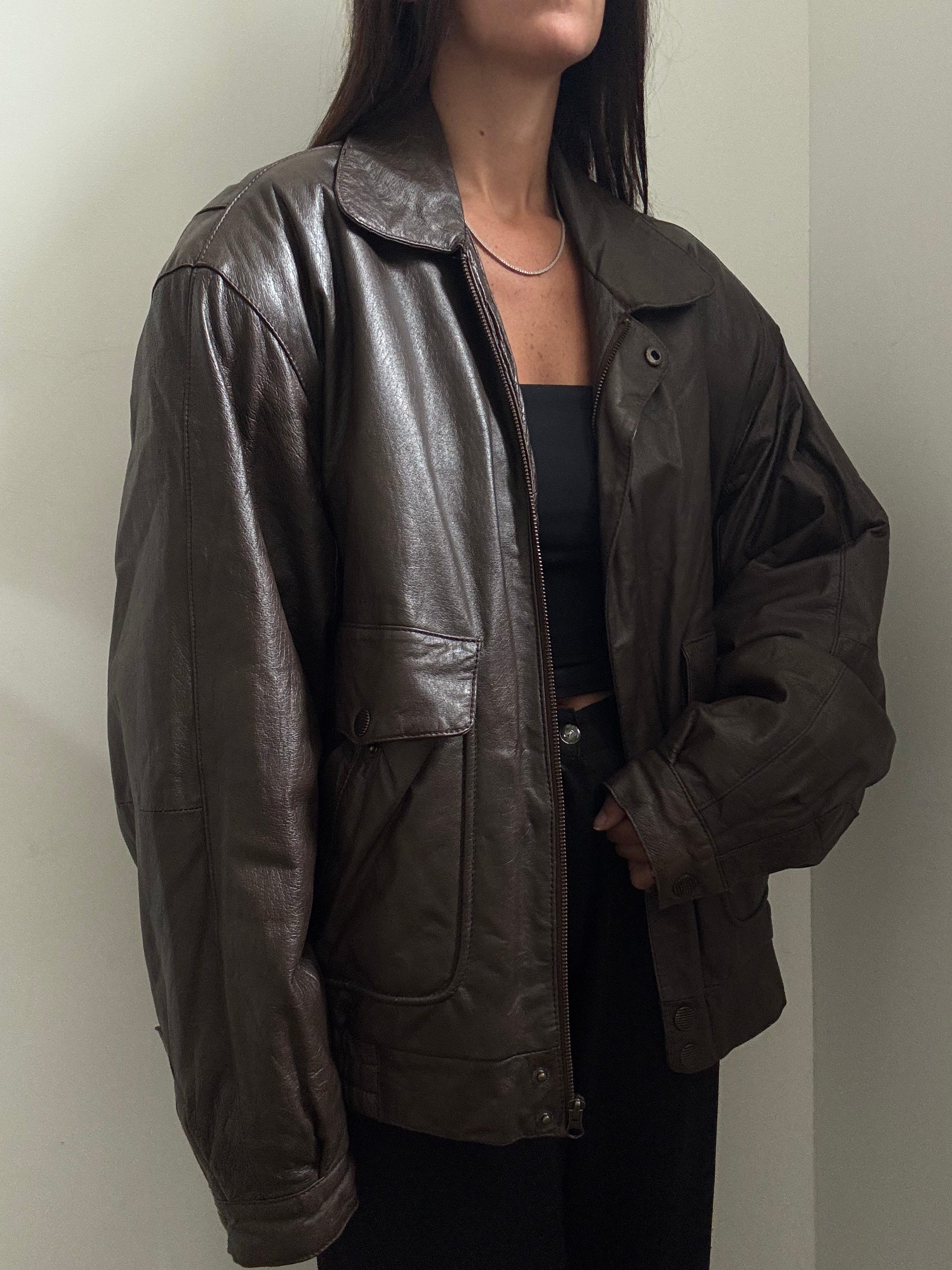 Vintage Brown Faux Leather Bomber Jacket Size Large