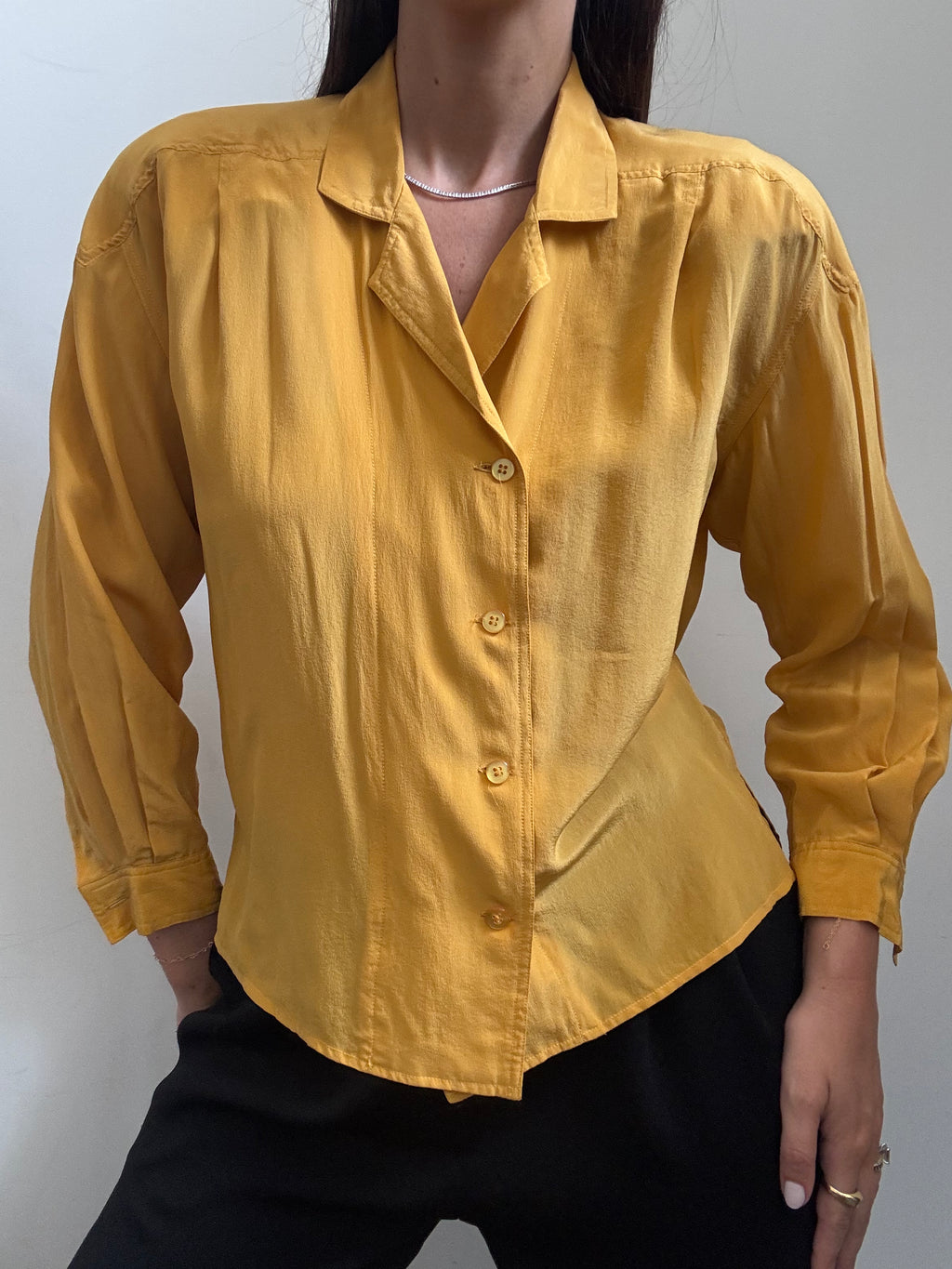 Vintage Mustard Yellow Silky Button Up Blouse Size Small