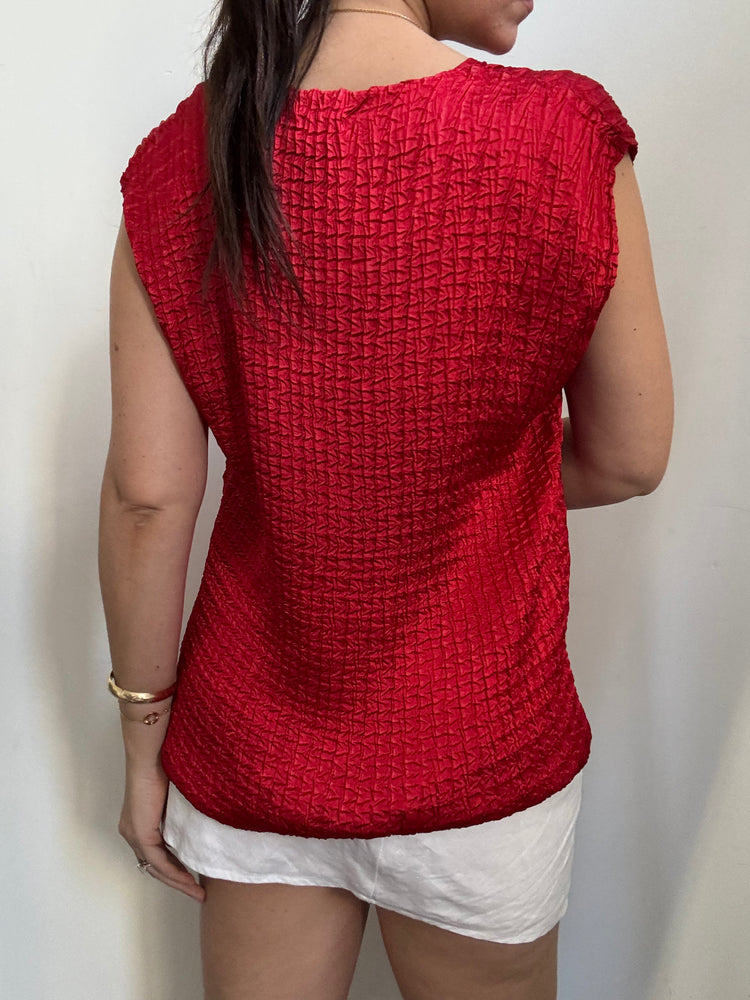 Vintage Red Crushed Taffeta Blouse Size XL