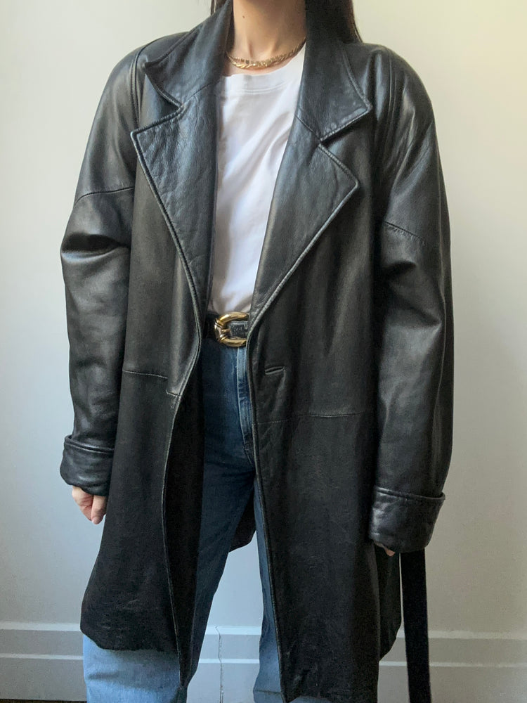 Vintage Black Leather Trench Size X-Large