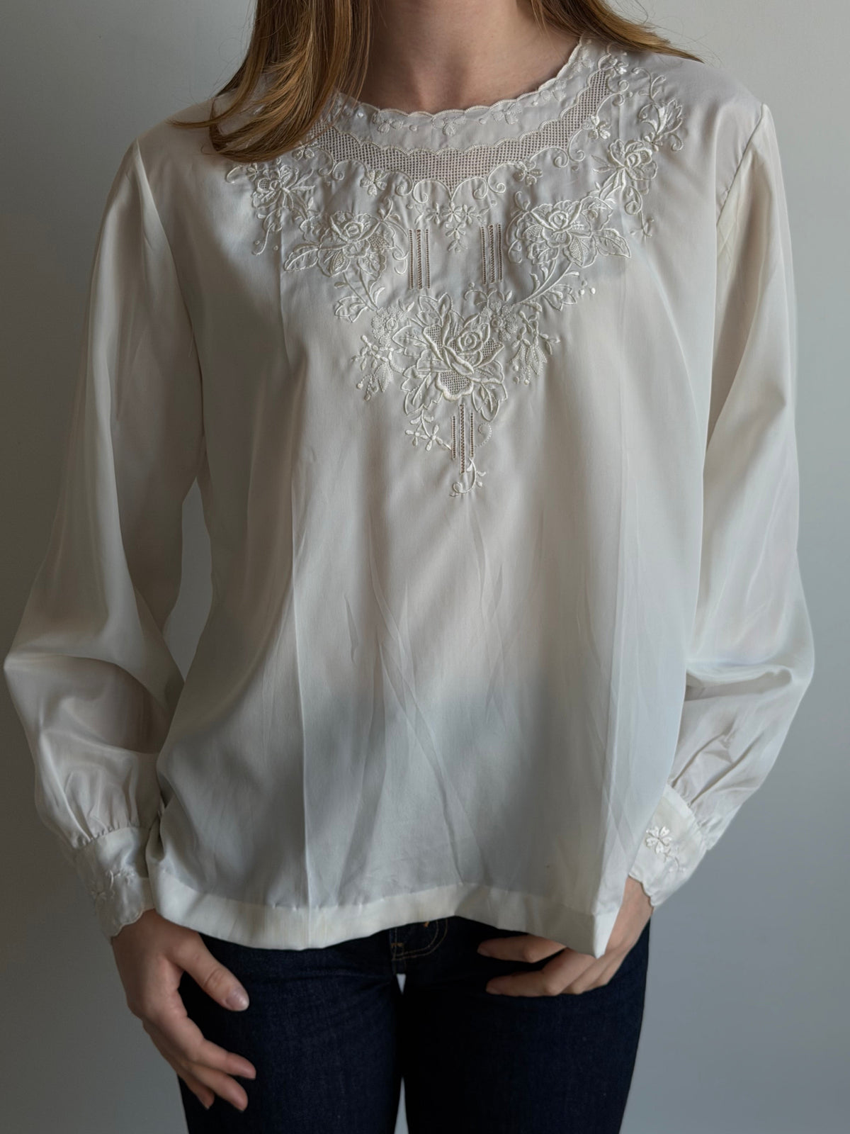 Vintage Ivory Hand-Embroidered Satin Blouse Size Large