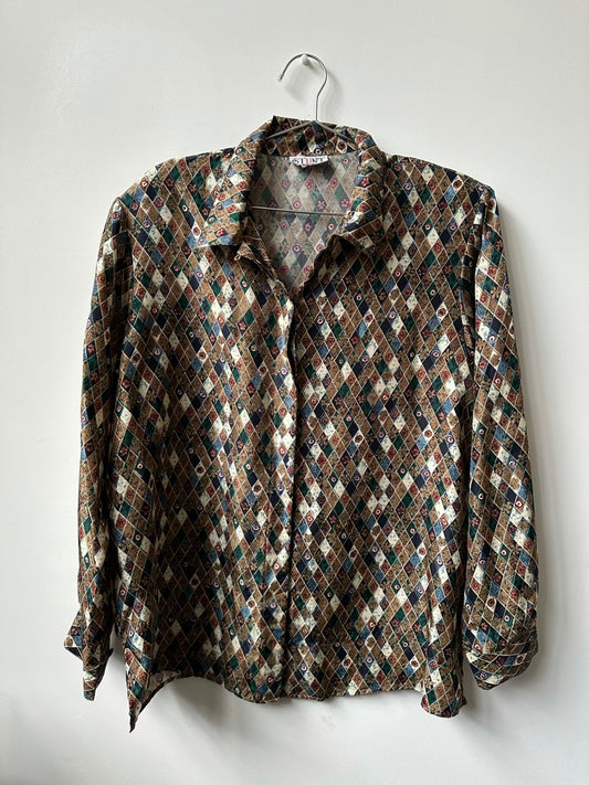 Vintage Multicolored Harlequin Diamond Print Button-Up Size Medium