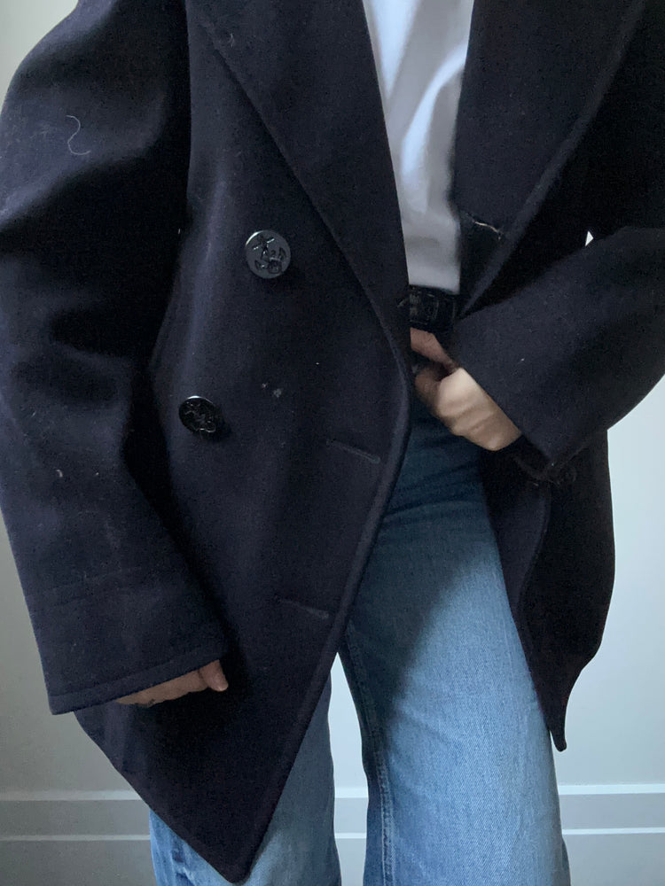 Vintage Navy Peacoat Fitted Wool Coat Size S