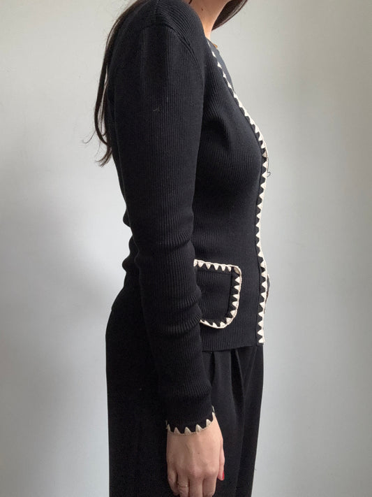 Vintage Black Knit Cardi with Ivory Accents Size Small