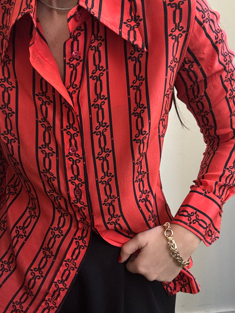 Vintage Celine Silk Red and Black Printed Button Up Size S