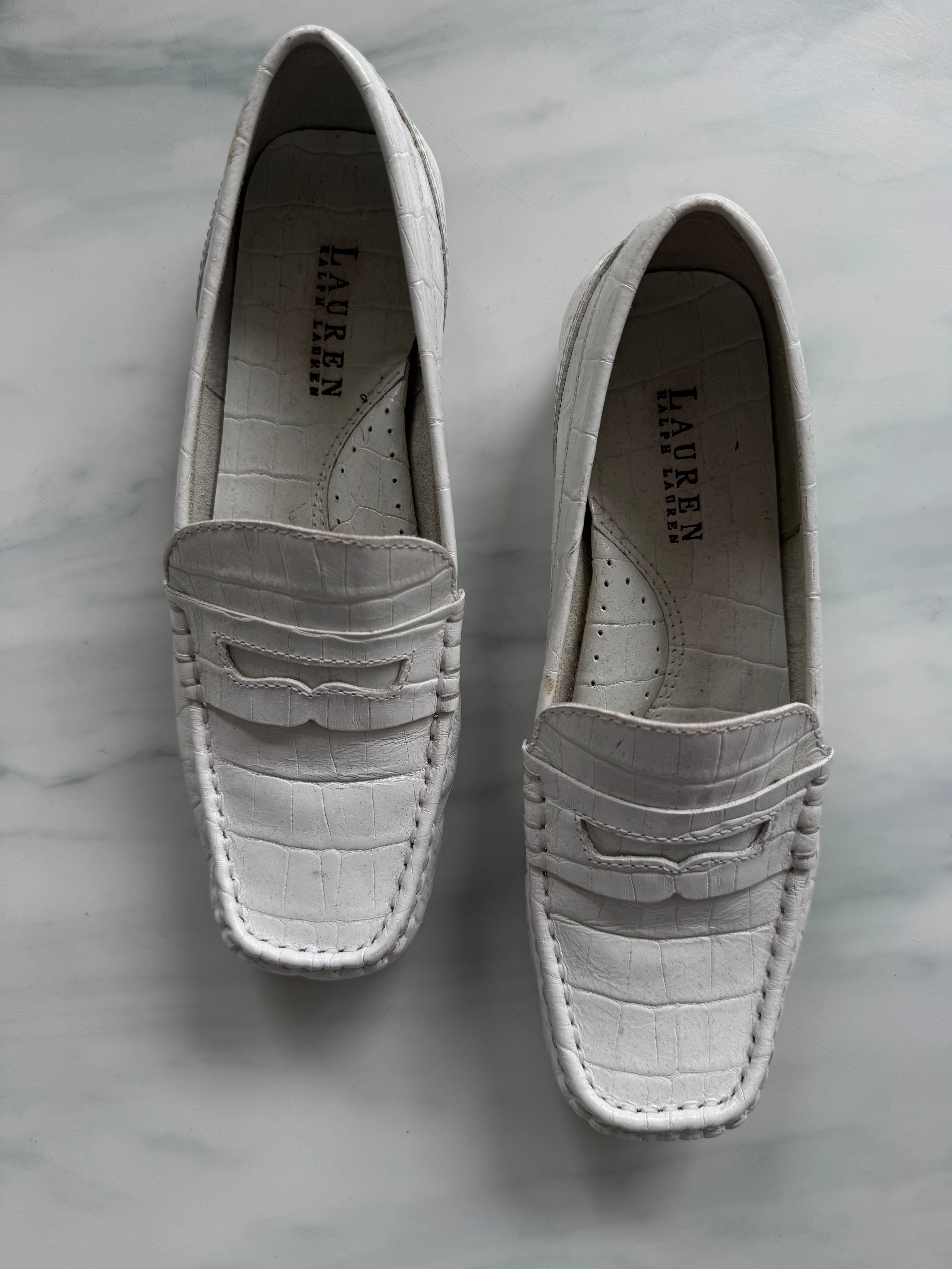 Vintage Ralph Lauren White Croc Embossed Loafers Size 6 1/2