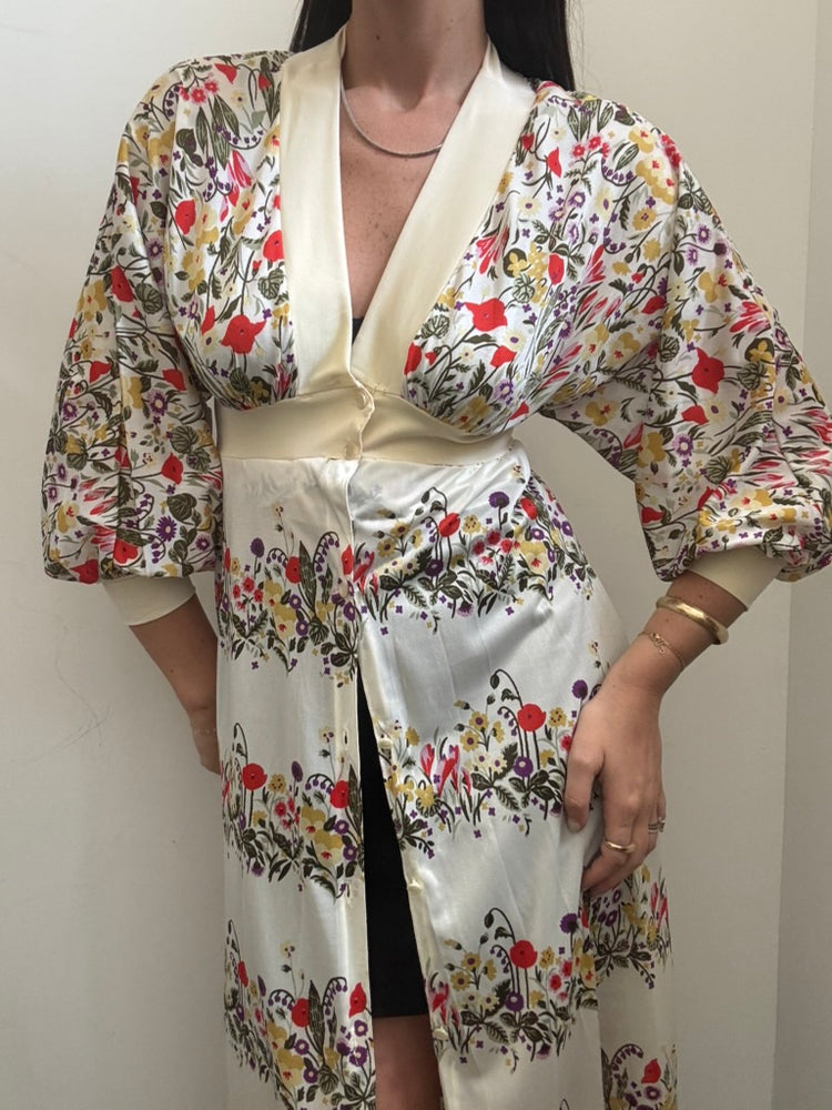 Cream and Floral Long Sleeve Duster Size XS