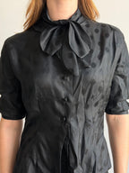 Vintage Black Polka Dot Tied Fitted Blouse Size Medium