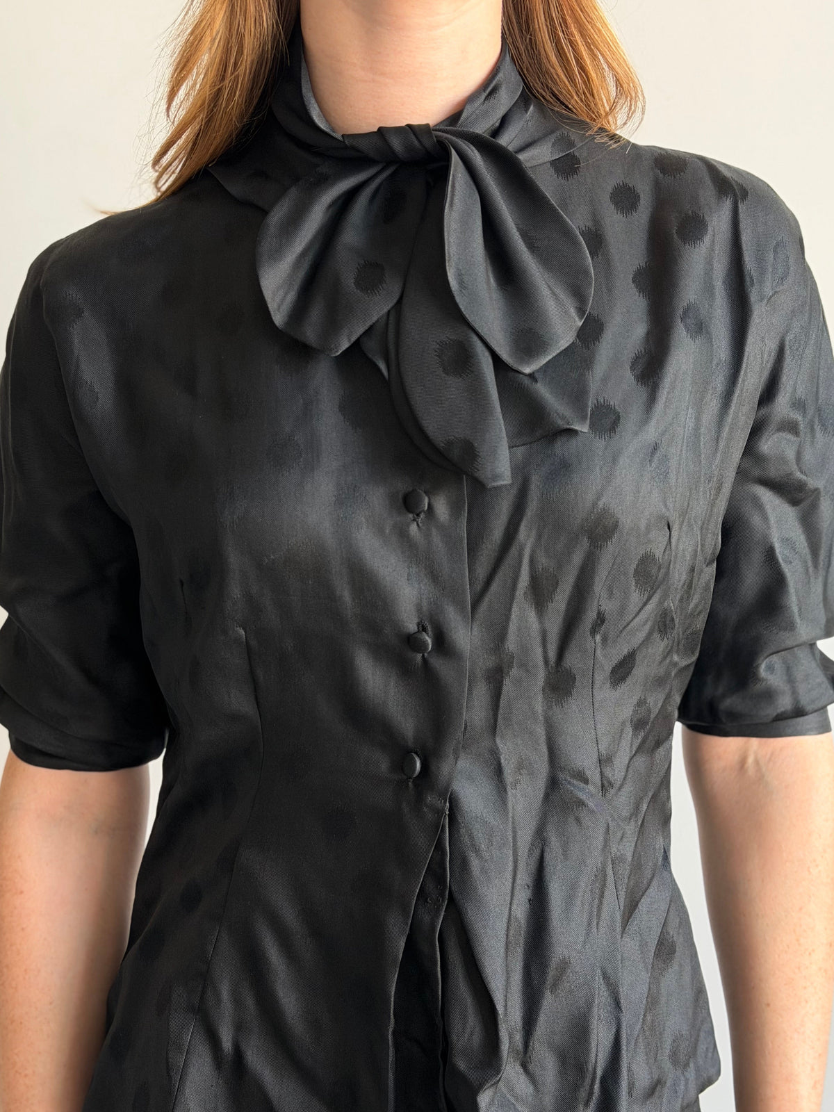 Vintage Black Polka Dot Tied Fitted Blouse Size Medium