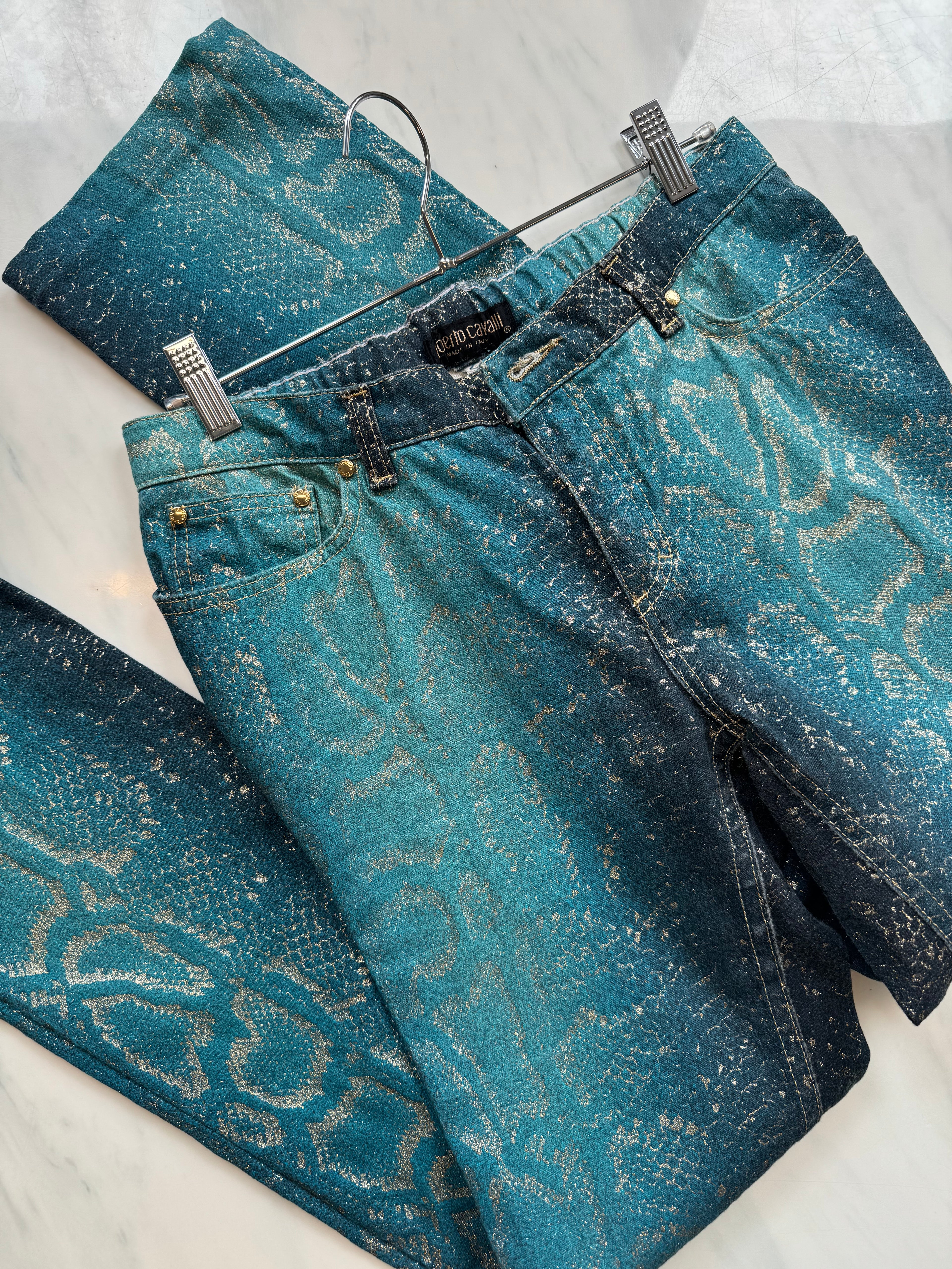 Vintage Roberto Cavalli Low Rise Teal and Gold Snake Skin Jeans Size 30"