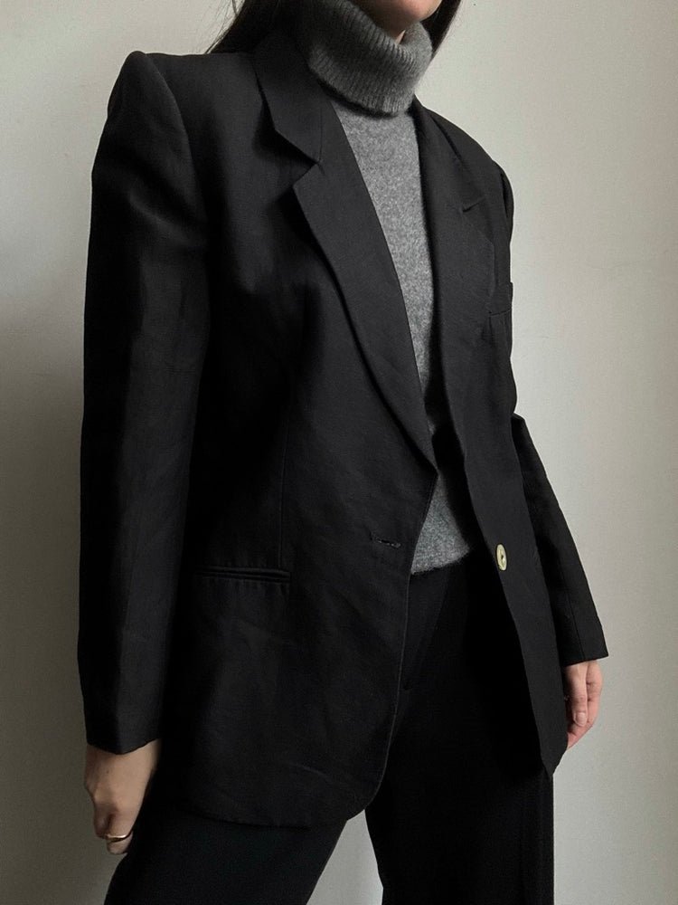 Vintage Black Linen Blend Lightweight Blazer Size Large