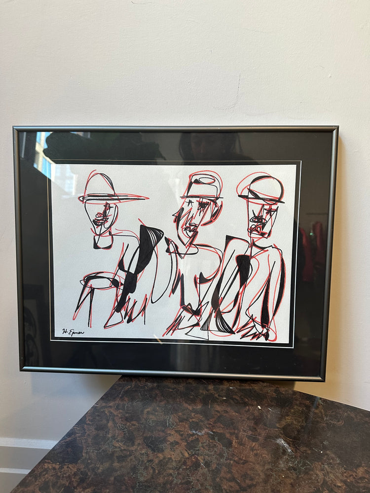 Original Hilda Epner Black and Red Ink Continuous Line Drawing