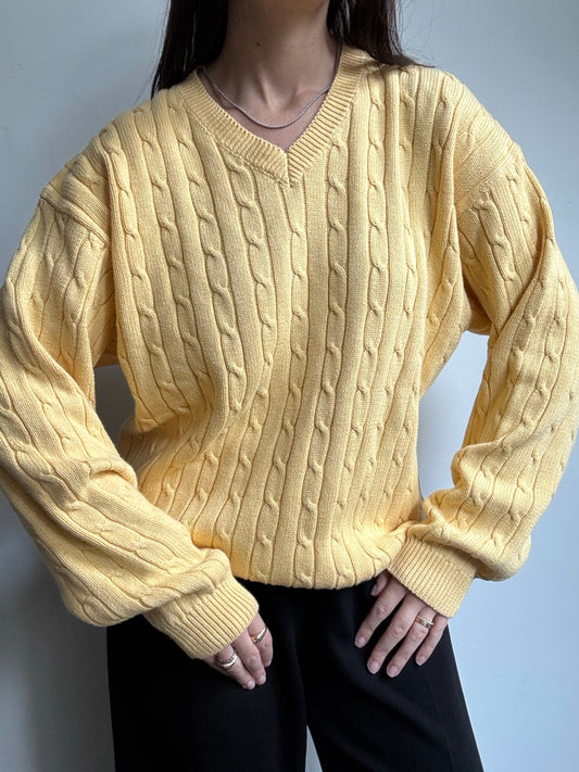 Vintage Yellow Cotton Cable Knit V-Neck Sweater Size Large