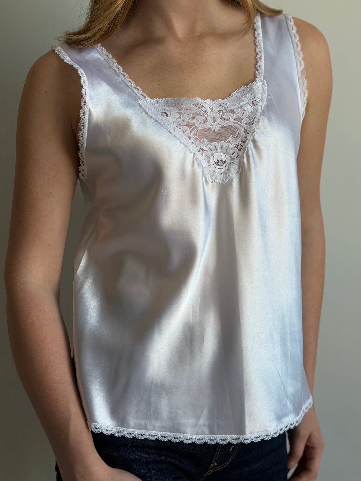 Vintage Ivory Satin Lace Tank Size Medium