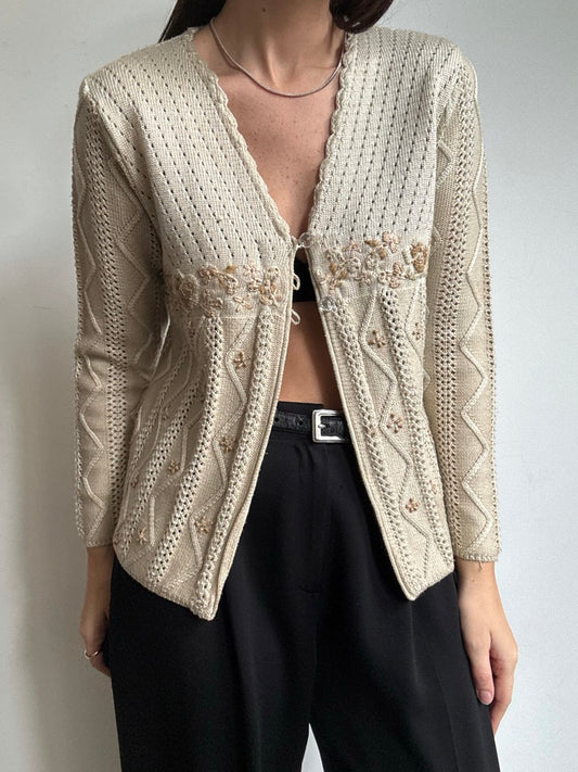 Vintage Beige Crochet + Embroidered Cardigan Size Medium