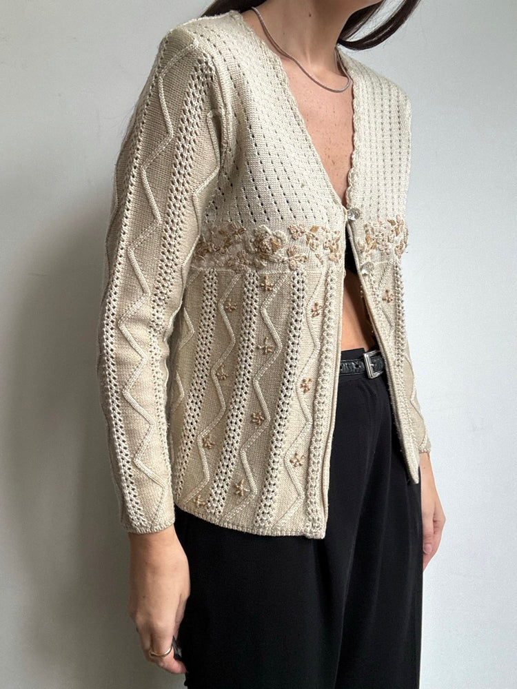 Vintage Beige Crochet + Embroidered Cardigan Size Medium