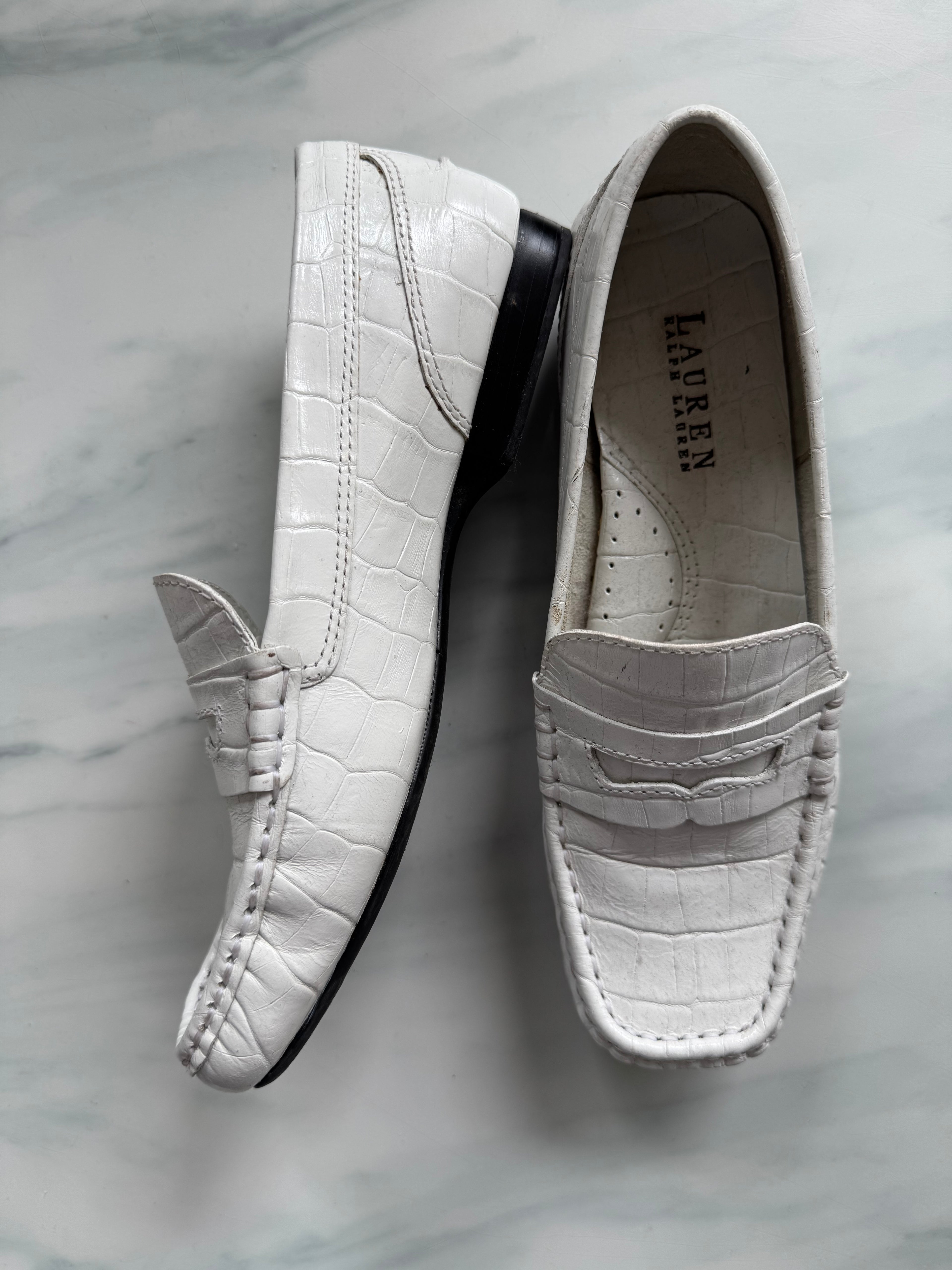 Vintage Ralph Lauren White Croc Embossed Loafers Size 6 1/2